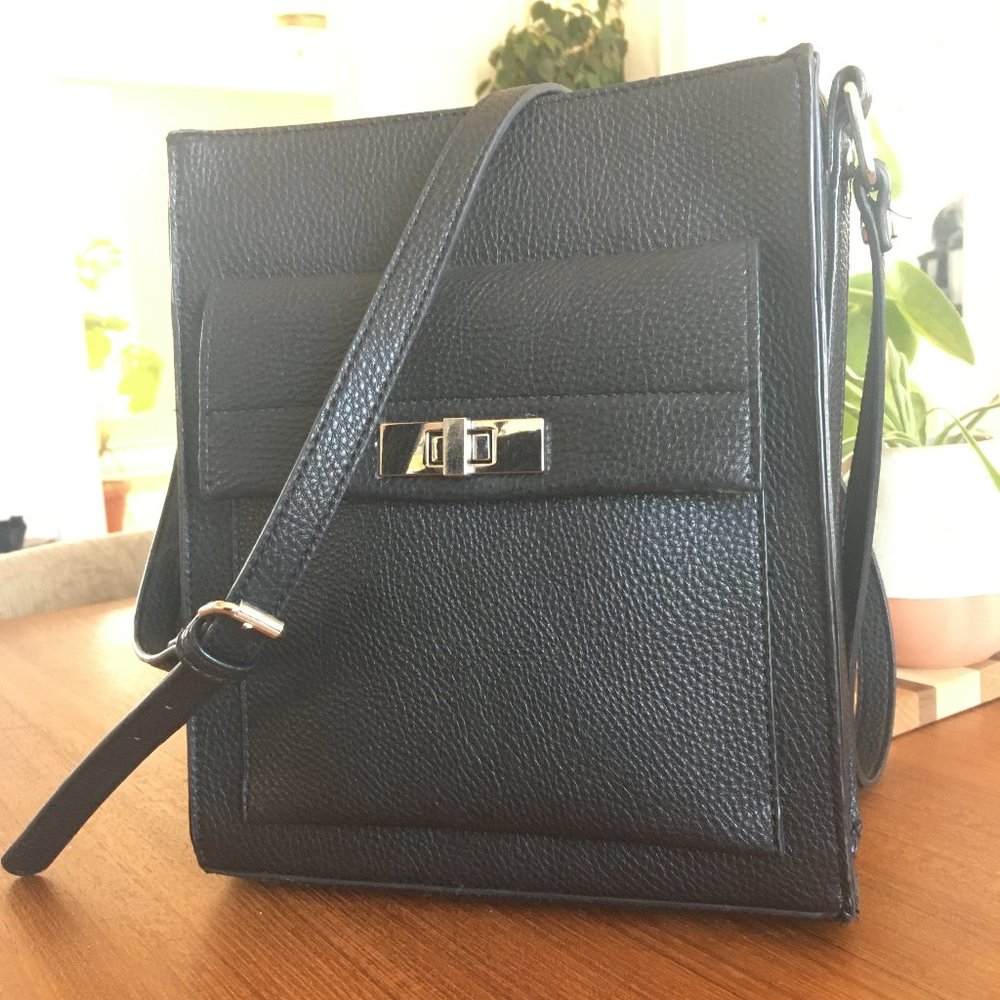 Black faux pebbled leather crossbody bag